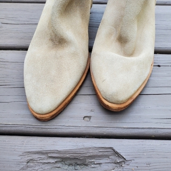 Free People Charm Camel Tan Suede Leather Pointed Toe Chunky Ankle Boots Booties - Picture 6 of 9